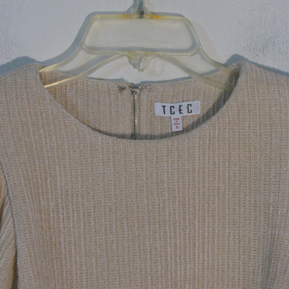 TCEC Crop Chenille Top Small Beige Ribbed Plush Short Top Puff Sleeve - Picture 2 of 5
